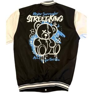 Seven Souls Black White Street King Teddy Bear Bomber Jacket Size 14/16
